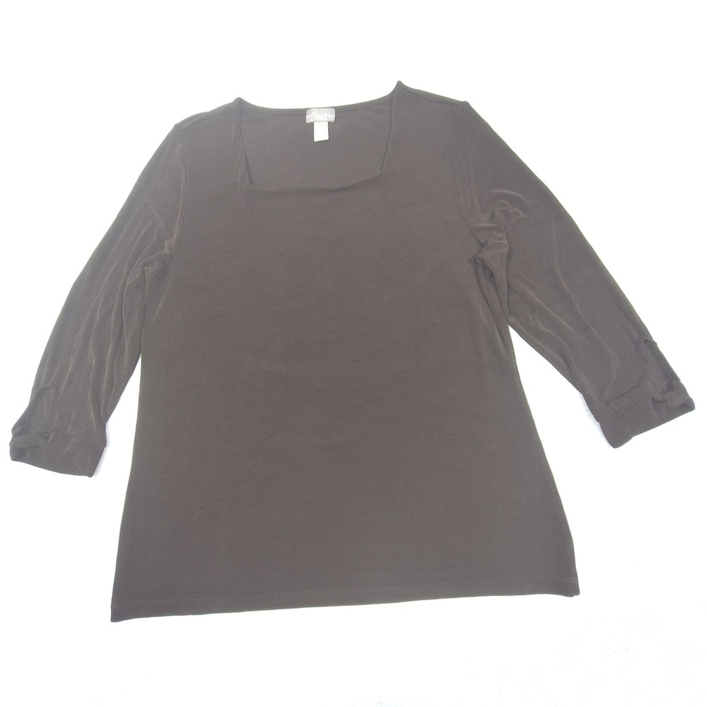 Chicos Travelers Top Womens Large‎ Brown Square Neck 3/4 Sleeve Ribbed
